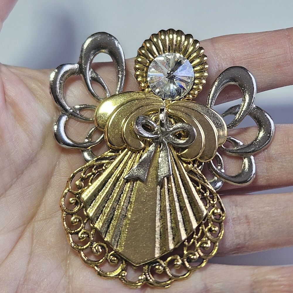 Vintage Two Tone Large Chunky Angel Brooch Clear Rhinestone